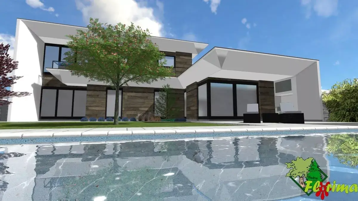 3d vizualizácia modernej vily s bazénom a minimalistickou záhradnou úpravou
