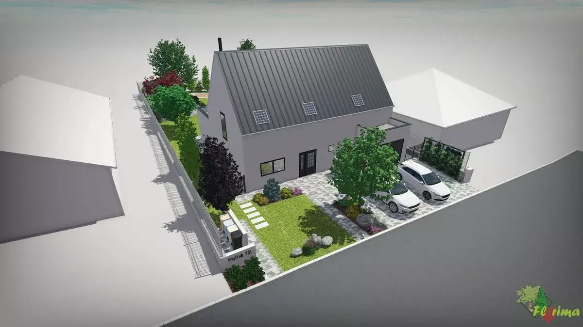 Letecký pohľad na 3D návrh moderného rodinného domu s parkovacou plochou, predzáhradkou s okrasnými prvkami a stromoradím v zadnej časti pozemku
