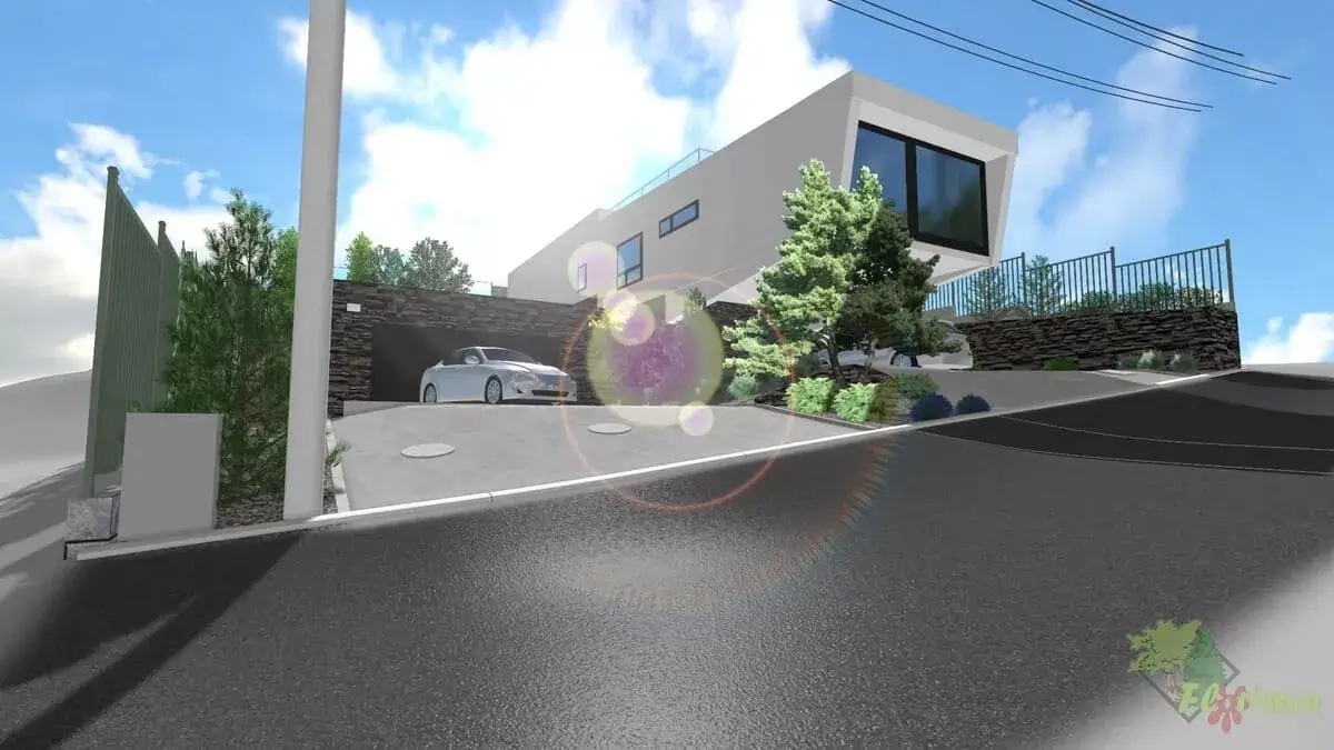 3D vizualizácia - Moderná minimalistická vila s garážou a gabiónovým múrom
