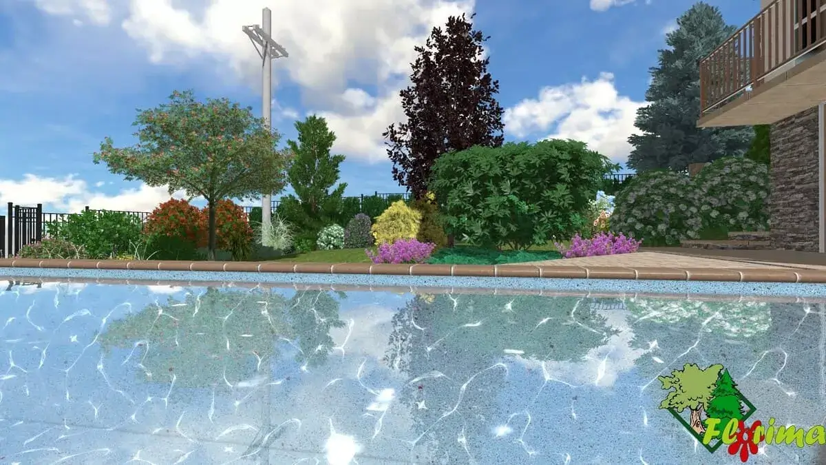 3D vizualizácia - Bazén zasadený do upravenej záhrady s farebnými výsadbami a kvitnúcimi kríkmi