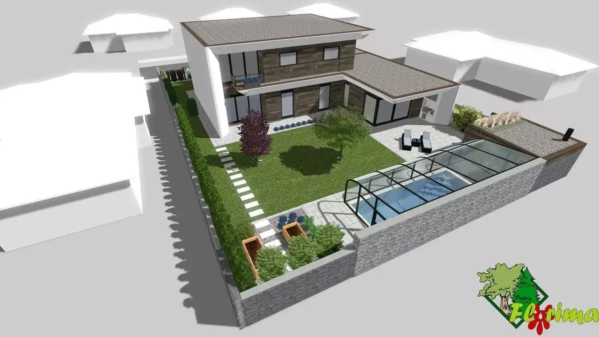 3D vizualizácia modernej záhrady s bazénom, moderným domom a zeleňou