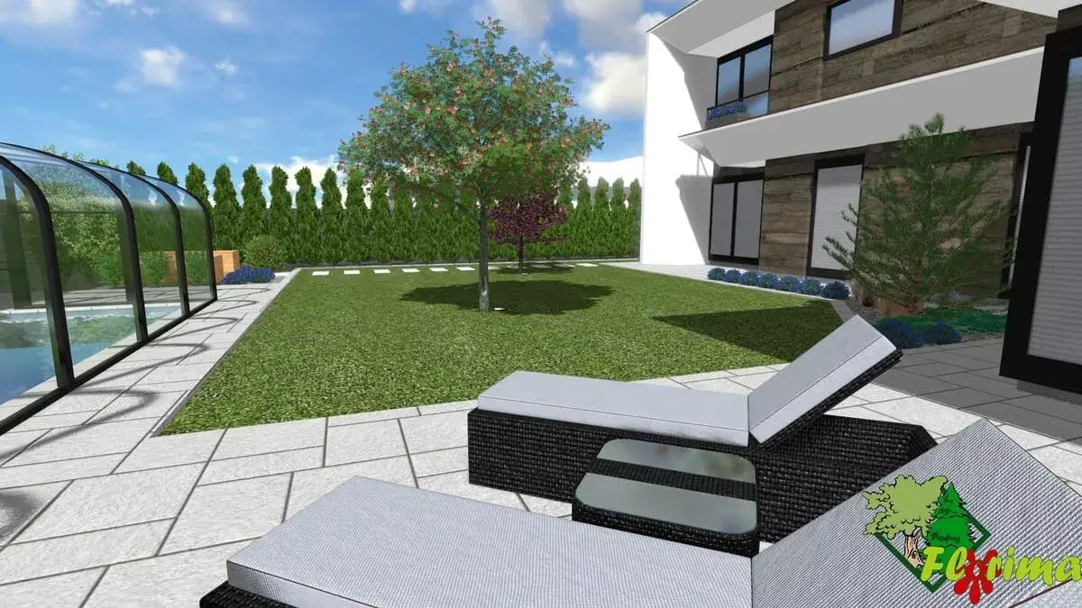 Relaxačná zóna s ležadlami pri bazéne v modernej záhrade - 3D vizualizácia