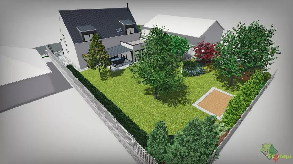 3D vizualizácia moderného domu so sivou strechou a bielou fasádou, obklopeného upravenou záhradou s trávnikom, farebnými drevinami a živým plotom