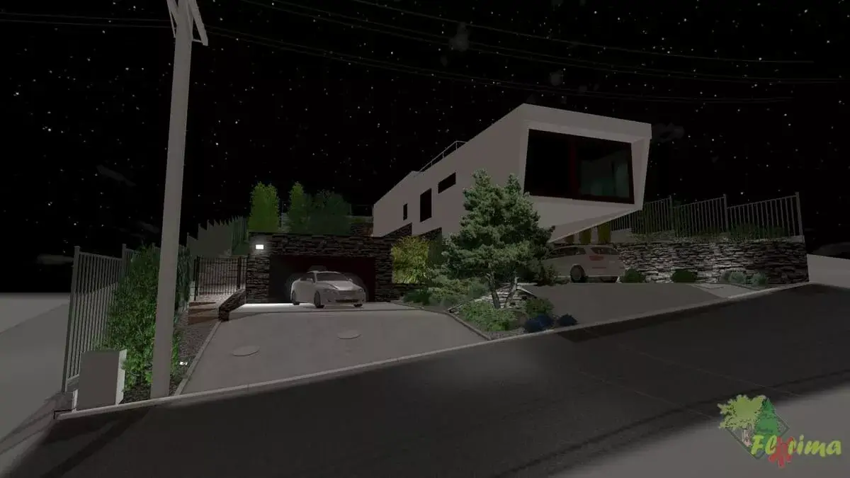 3D vizualizácia - Nočný pohľad na luxusnú vilu s osvetlením a parkovaním