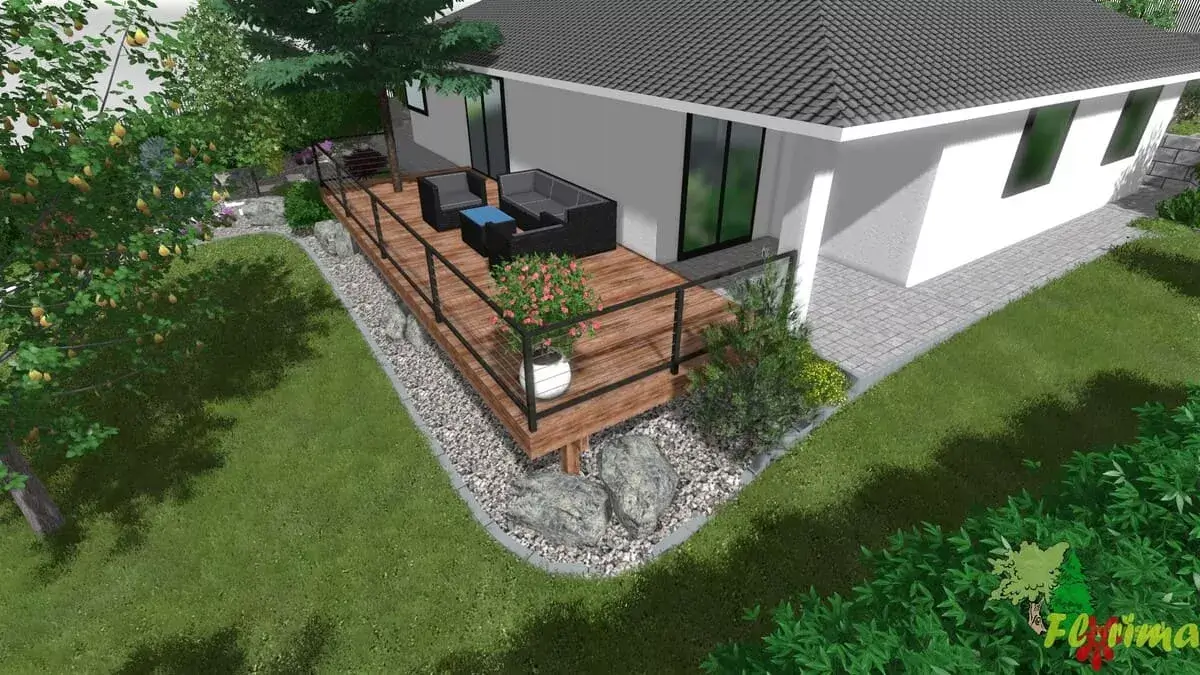 Detail drevenej terasy s čiernym sedením a okrasnou skalkou v modernom štýle