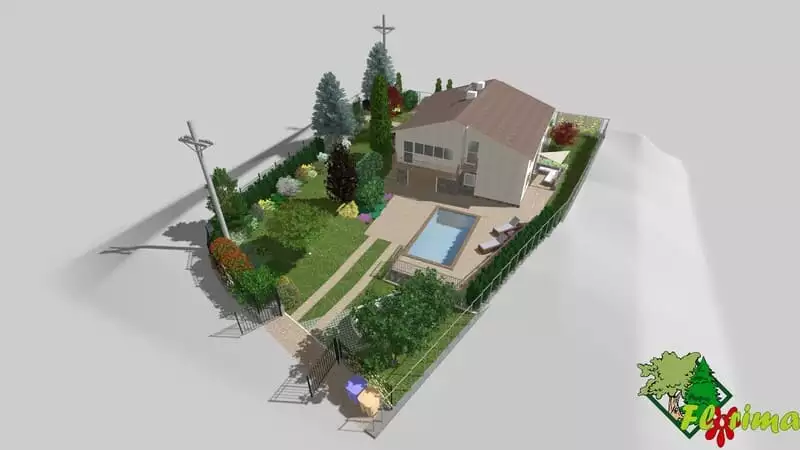 3D vizualizácia návrhu záhrady, ktorú ponúka spoločnosť Florima. Návrh zahŕňa rôzne okrasné prvky, ako sú dekoratívne kamene, záhony s rastlinami, upravené trávniky a prípadne aj vodné prvky alebo chodníky. Vizualizácia umožňuje zákazníkom predstaviť si finálny vzhľad ich budúcej záhrady pred samotnou realizáciou.