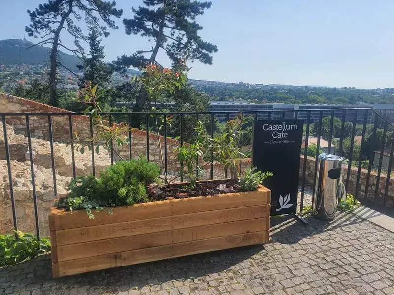 Drevený kvetináč s mladými rastlinami na kamennej terase Castellum Café s výhľadom na panorámu mesta, v pozadí s ihličnatými stromami a horami